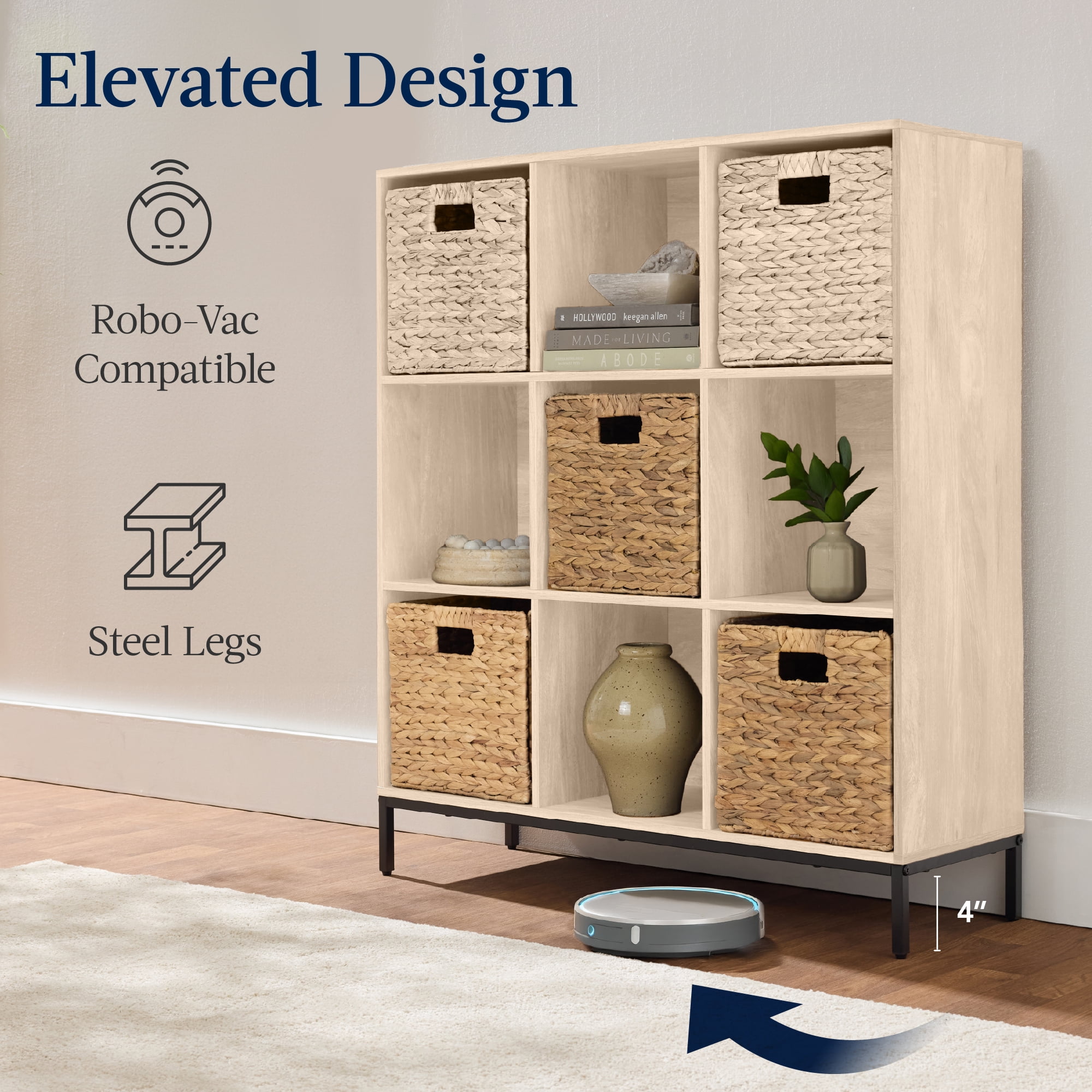 Best Choice Products Elevated 9-Cube Storage Organizer, 11in Shelf, Bookcase, Display Shelf, w/ Metal Legs  Light Oak
