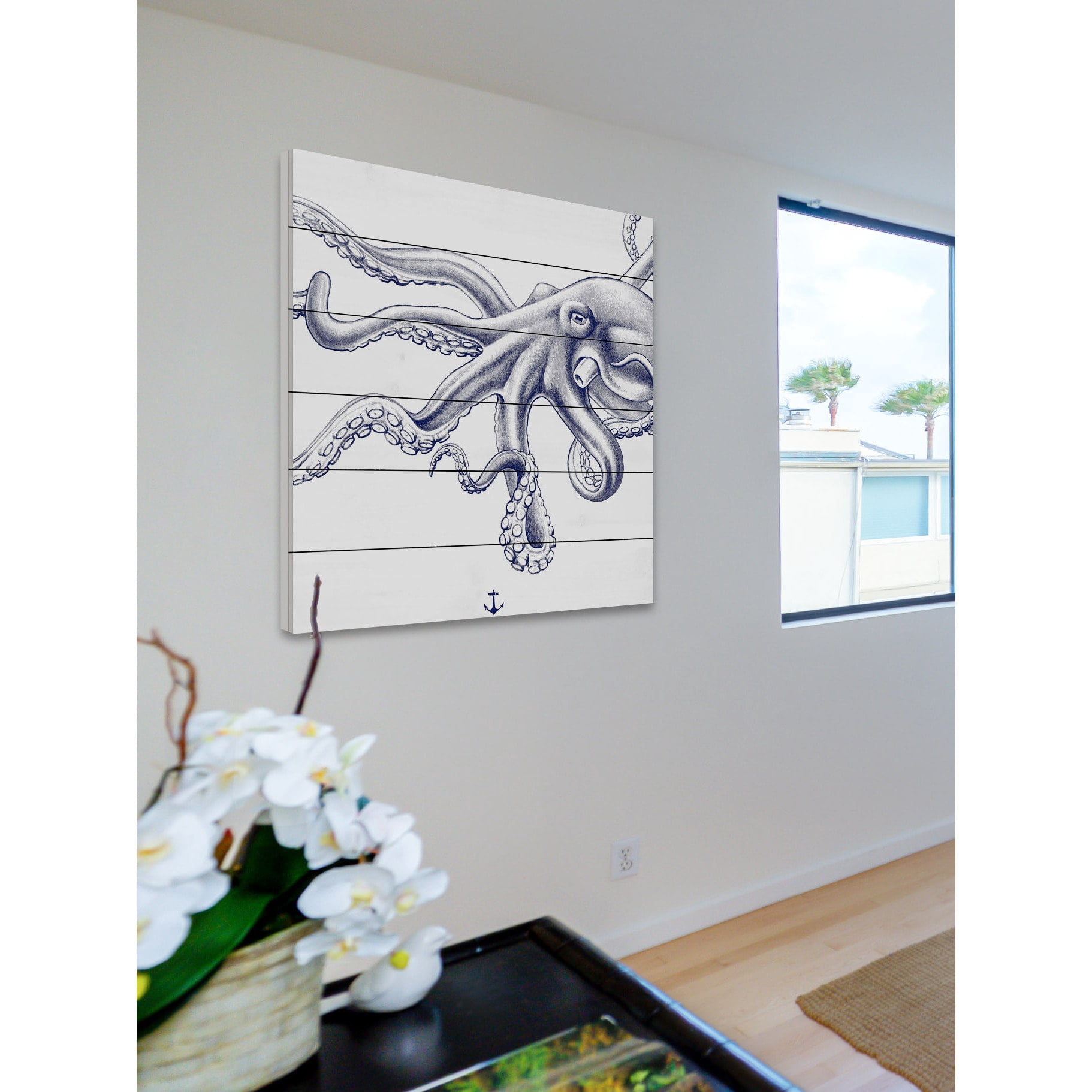 Marmont Hill "Blue Octopus" Painting Print on White Wood