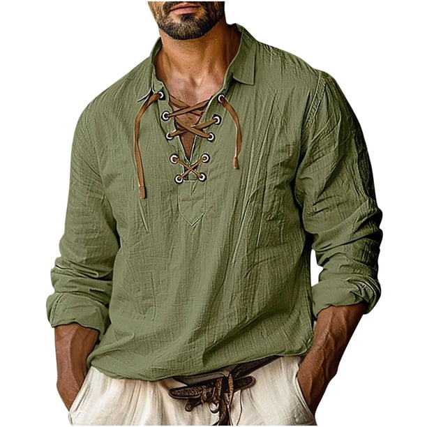Blusa y camisa de manga larga con cuello vuelto para hombre, informal, a la moda, lisa, con cuello vuelto, camisa de manga larga con cordón ajustable para hombre