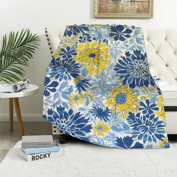 JRXY Blue Yellow Navy Chrysanthemum Flowers Throw Blanket Ultra Soft Cozy Decorative Flannel Blanket All Season for Home Bed Couch Chair Travel White