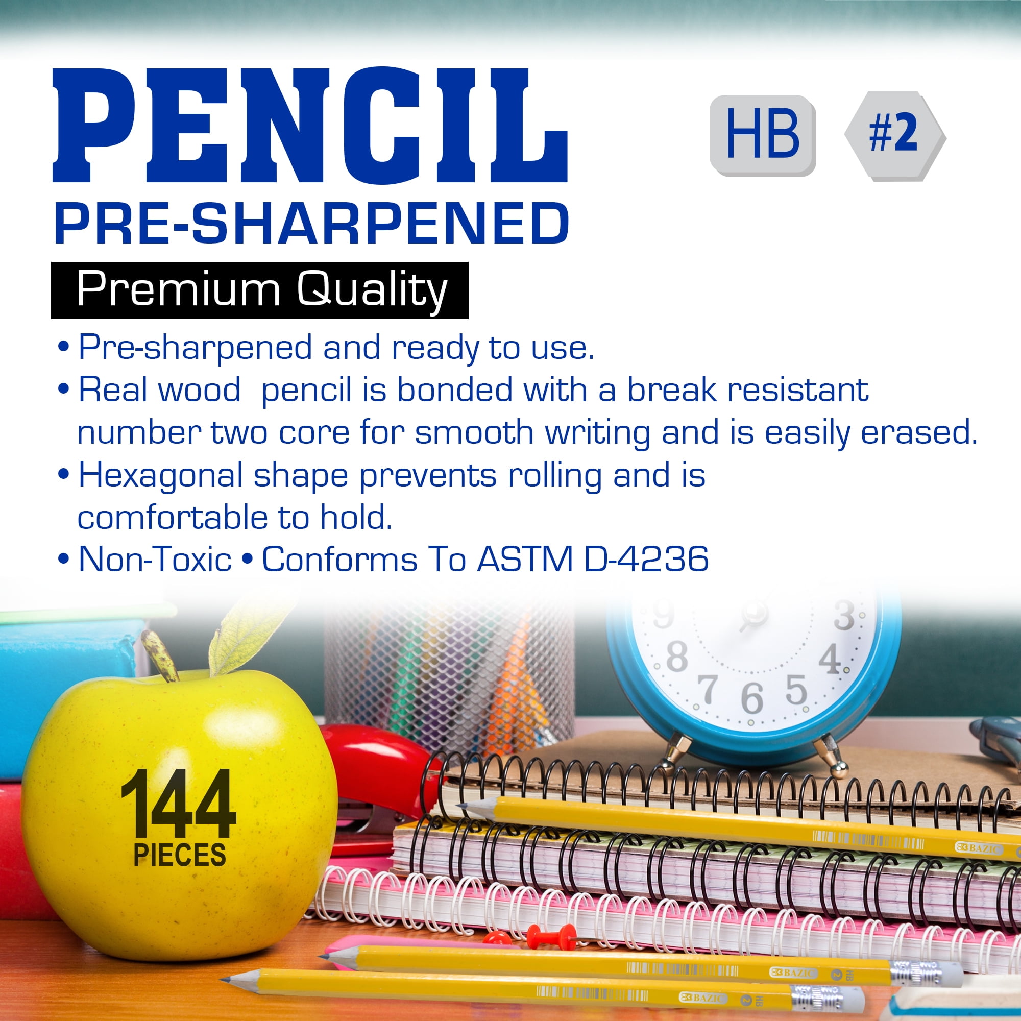 BAZIC Pre-Sharpened Pencil #2 HB, Latex Free Eraser, Bulk Pack (144/Pack), 1-Pack