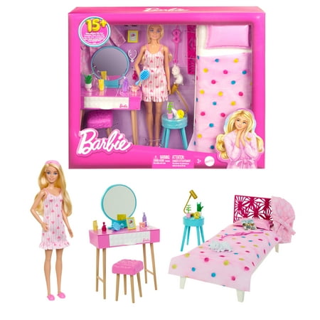 Barbie Doll and Bedroom Playset, Barbie Furniture with 20+ Storytelling Pieces and Accessories