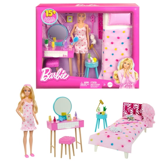 Barbie Doll and Bedroom Playset, Barbie Furniture with 20  Storytelling Pieces and Accessories
