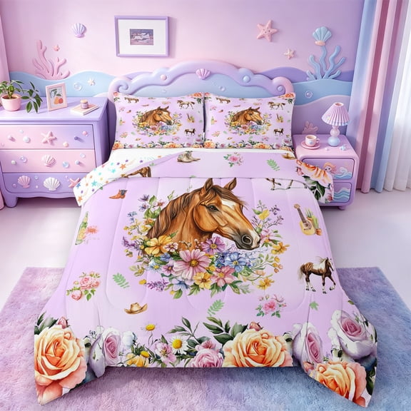 Erosebridal Rainbow Floral Bedding Sets Twin with Comforter,Farm Horse Duvet Insert,Western Cowgirl Comforter Sets Twin Size,Microfiber Bedroom Decor Reversible,2pcs