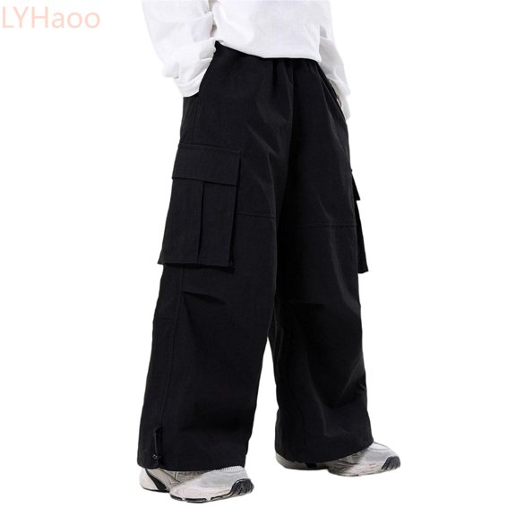 LYHaoo Boys Cargo Jogger Pants For Kids Outdoor Casual Wide Leg Parachute Style Trousers With Pockets Comfortable Elastic Waist Boys' Cargo Pants(Black)