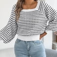 thumbnail image 3 of Women Plaid Knit Sweater Squares Neck Long Puff Sleeve Waist Cuffs Short Knitwear Pullover Tops for Casual Daily Wear White L, 3 of 8
