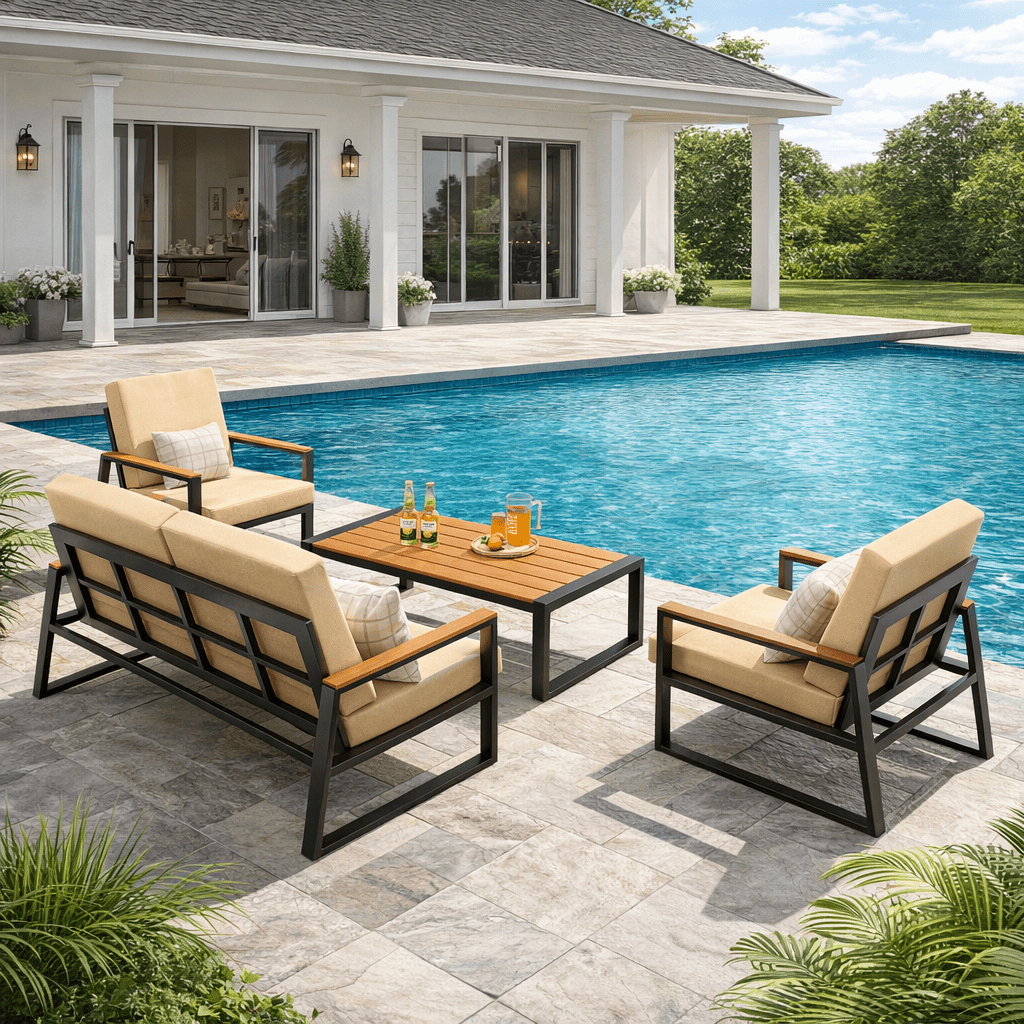Aiho 4 Pieces Patio Furniture Set, All-Weather Outdoor Conversation Set with Coffee Table & Removable Cushions, Perfect for Patio, Garden, Yard, Beige