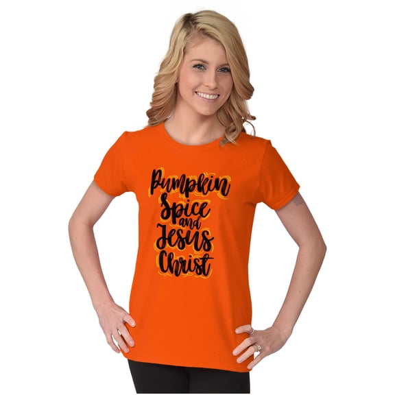 Fall Pumpkin Spice and Jesus Christ Womens Slim Fit Graphic Tee Brisco Brands L