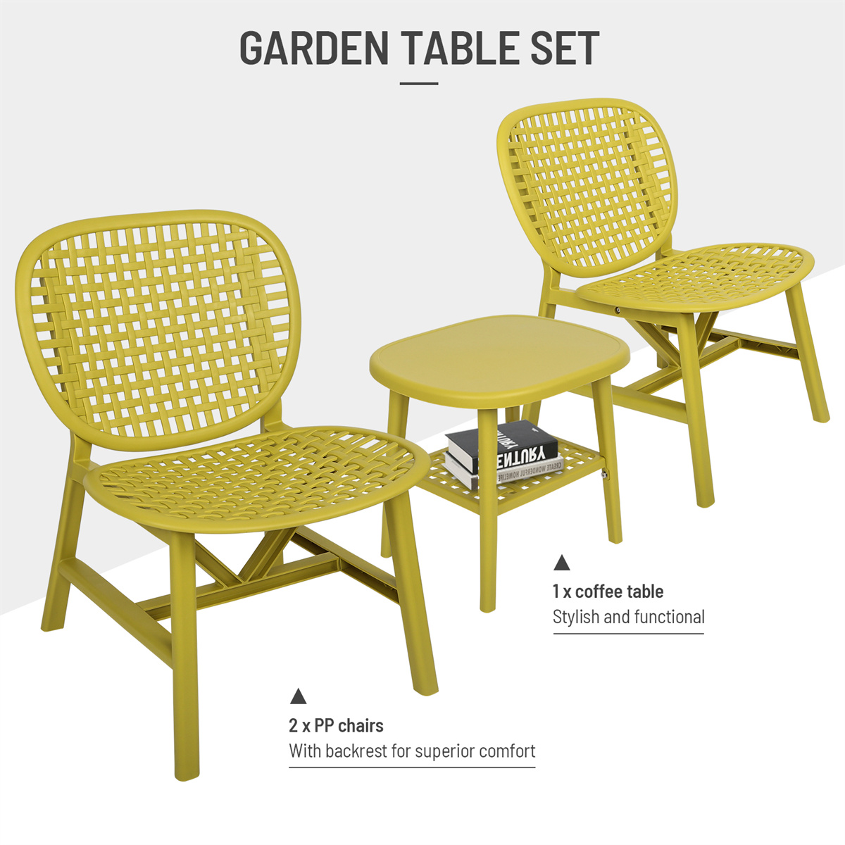 3Pcs Patio Table Chair Set, Bistro Set Hollow Conversation Coffee Table Set with 1 End Table & 2 Lounge Chairs, All Weather Outdoor Patio Chair with Widened Seat for Balcony Garden Yard, Yellow - image 3 of 7