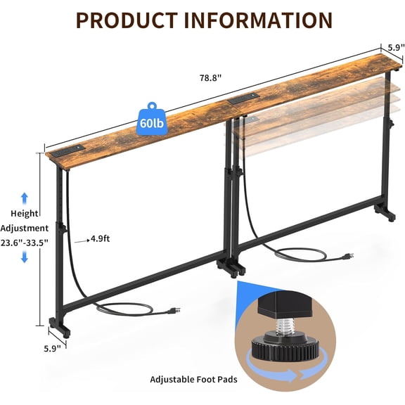 5.9"W *78.8"L Narrow Console Sofa Table Adjustable Height(23.6"-33.5"), Long Behind Couch Table with 2 Power Outlets, USB-C Port, for Entryway Hallway Foyer Bedroom Living Room, Rustic Brown