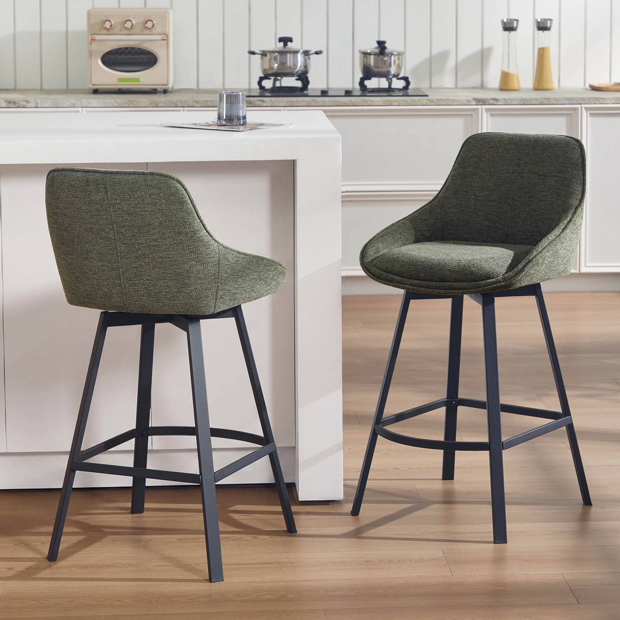 Zesthouse 25.6" Swivel Counter Height Bar Stools Set of 2, Modern Counter Height Chairs with Backs and Metal Legs, Upholstered Linen Barstools for Kitchen Island, Green