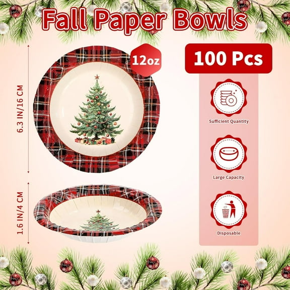 YUYAN-100Pcs Christmas Paper Bowls 12 Oz Disposable Xmas Tree Bowls Red Green plaid Bowl for Christmas Winter Holiday Party Decorations
