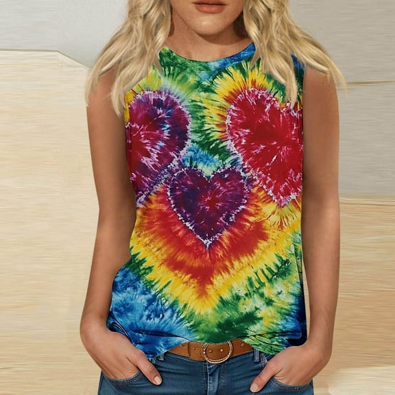Women Tops under $5! Cagogo Tie Dye Tank Tops for Women Trendy Summer Sleeveless Loose Fit Top Round Neck Colorful Printed Casual Graphic Cute Basic Tee Shirts Beach Travel Outfits