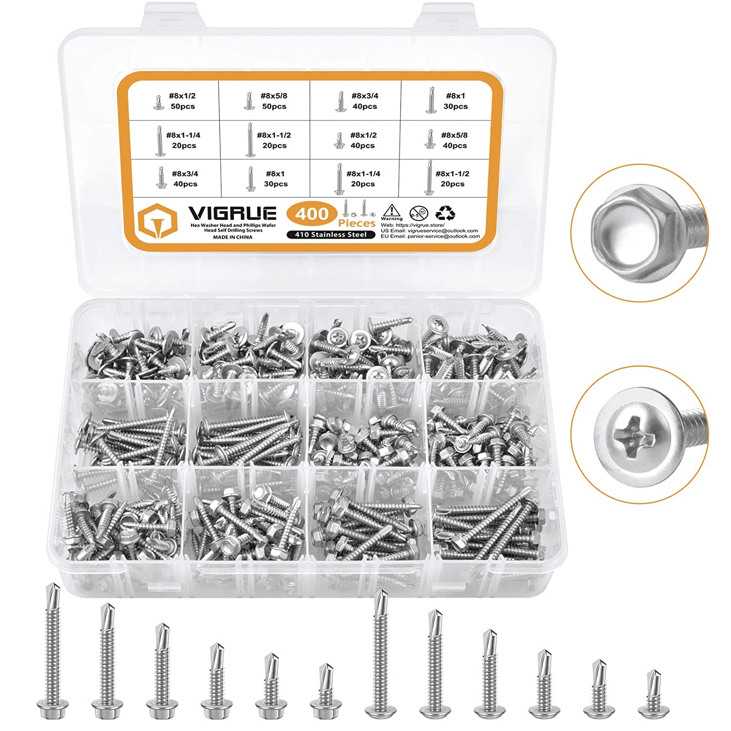 400pcs Assorted M2 Flat Head Stainless Steel Self Tapping Screws Assortment Kit 