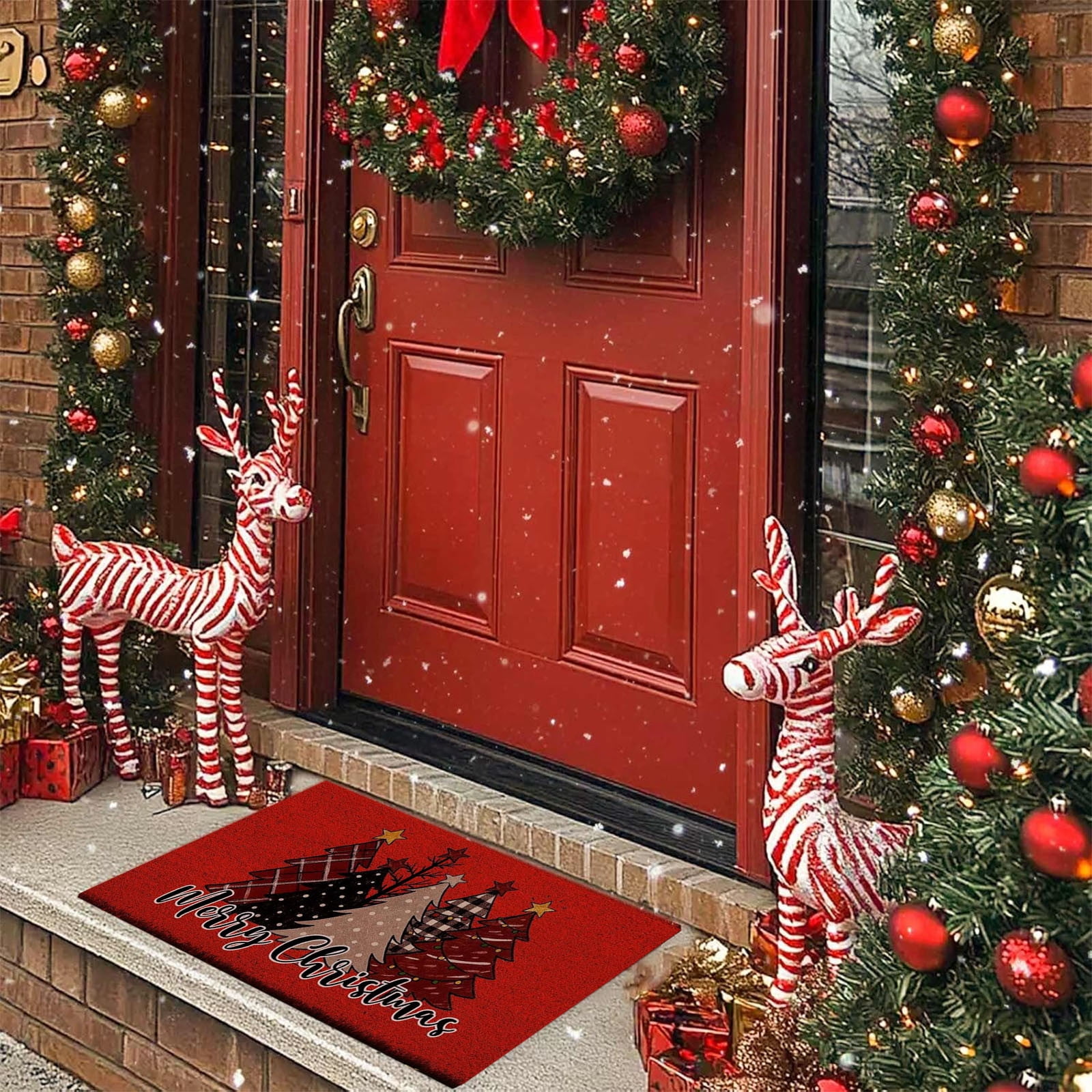 Christmas Welcome Natural Coir Door Mat, Forest Christmas Tree Front Door Outdoor Doormat Outside Entrance Porch Non Slip Rubber Rug Winter Xmas Farmhouse Decor 24*35in M-A