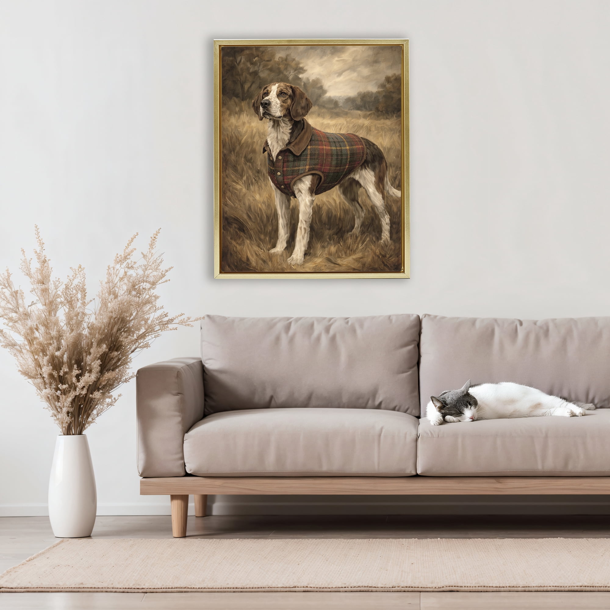 Stupell Industries Hunting Days Plaid Jacket Hound Gold Framed Floater Canvas Wall Art, design by Kim Allen