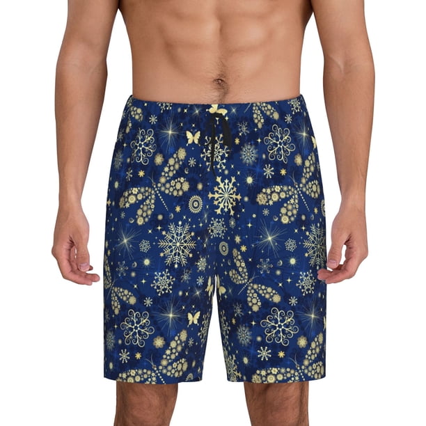 Balery Dark Blue Christmas Pantalones cortos de pijama de punto de algodón para hombre con cinturilla y bolsillos-Medium