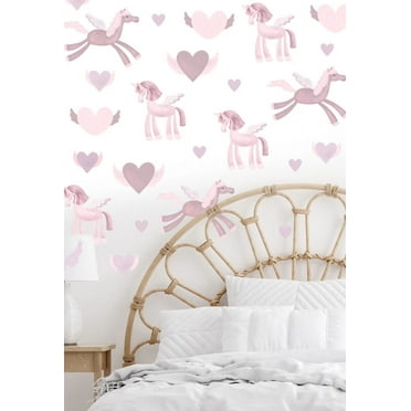 Freckled Face Pink Unicorns and Flying Hearts Vinyl Wall Decals for Children's Rooms
