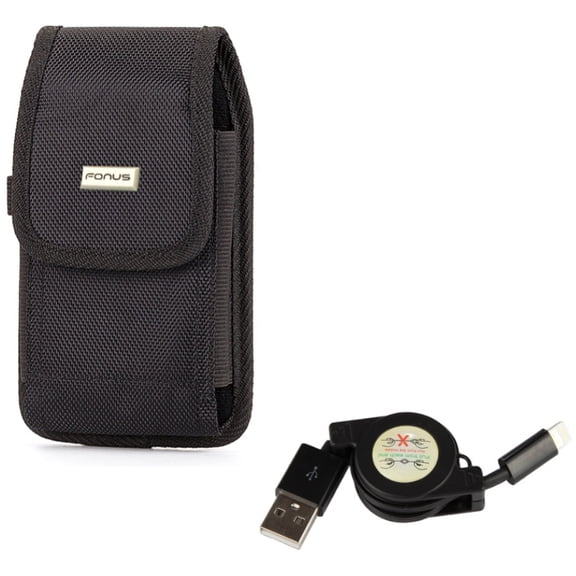 USB Cable w Case Belt Clip for iPhone XS/X - Retractable Charger Power Cord Sync, Swivel Holster Rugged Cover Pouch for iPhone XS/X