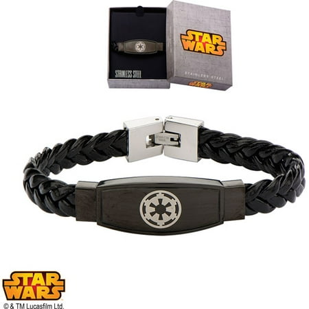 Disney Stainless Steel Star Wars Imperial Symbol Black Leather ID Bracelet