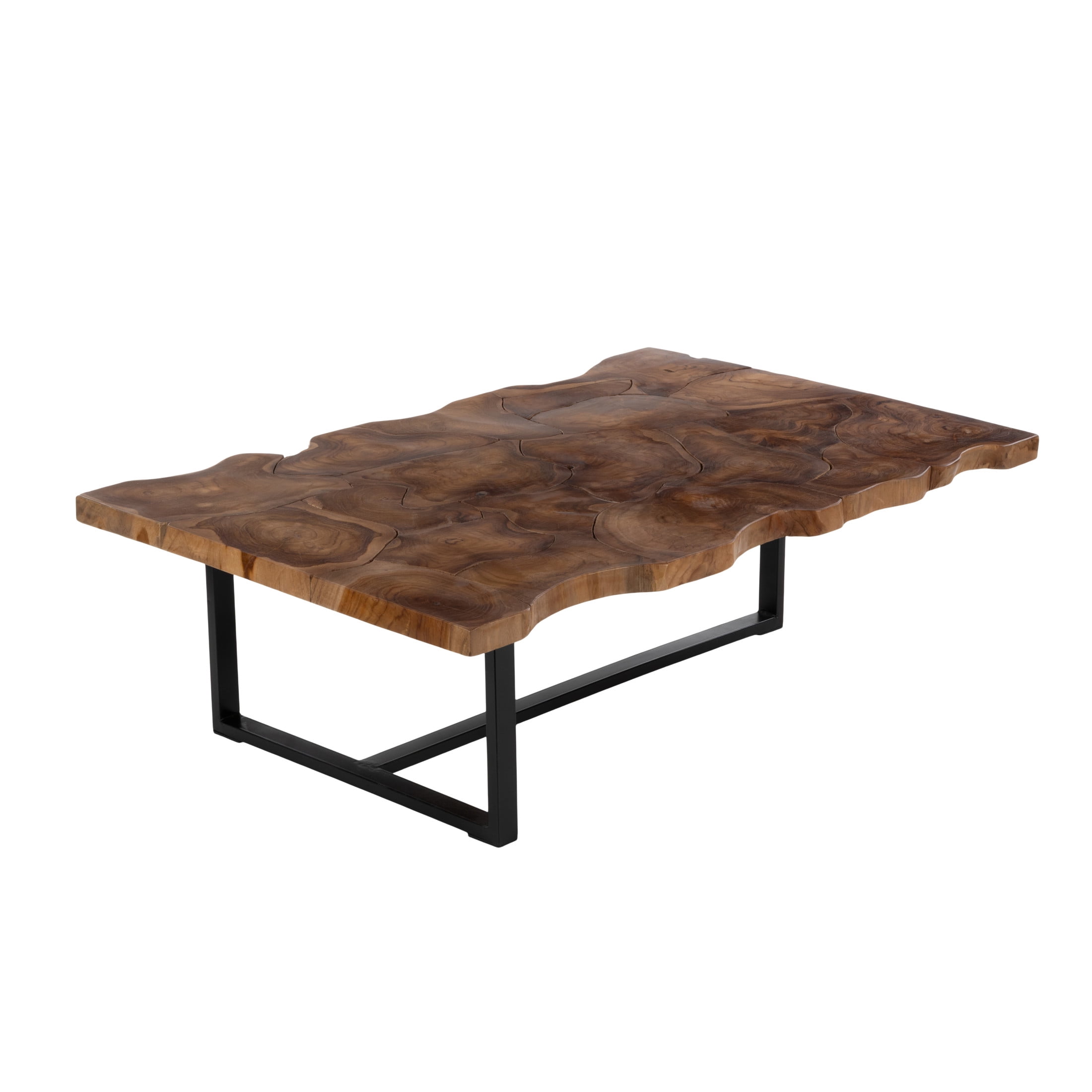 DecMode 49" x 15" Brown Teak Wood Handmade Live Edge Coffee Table with Black Metal Base, 1-Piece