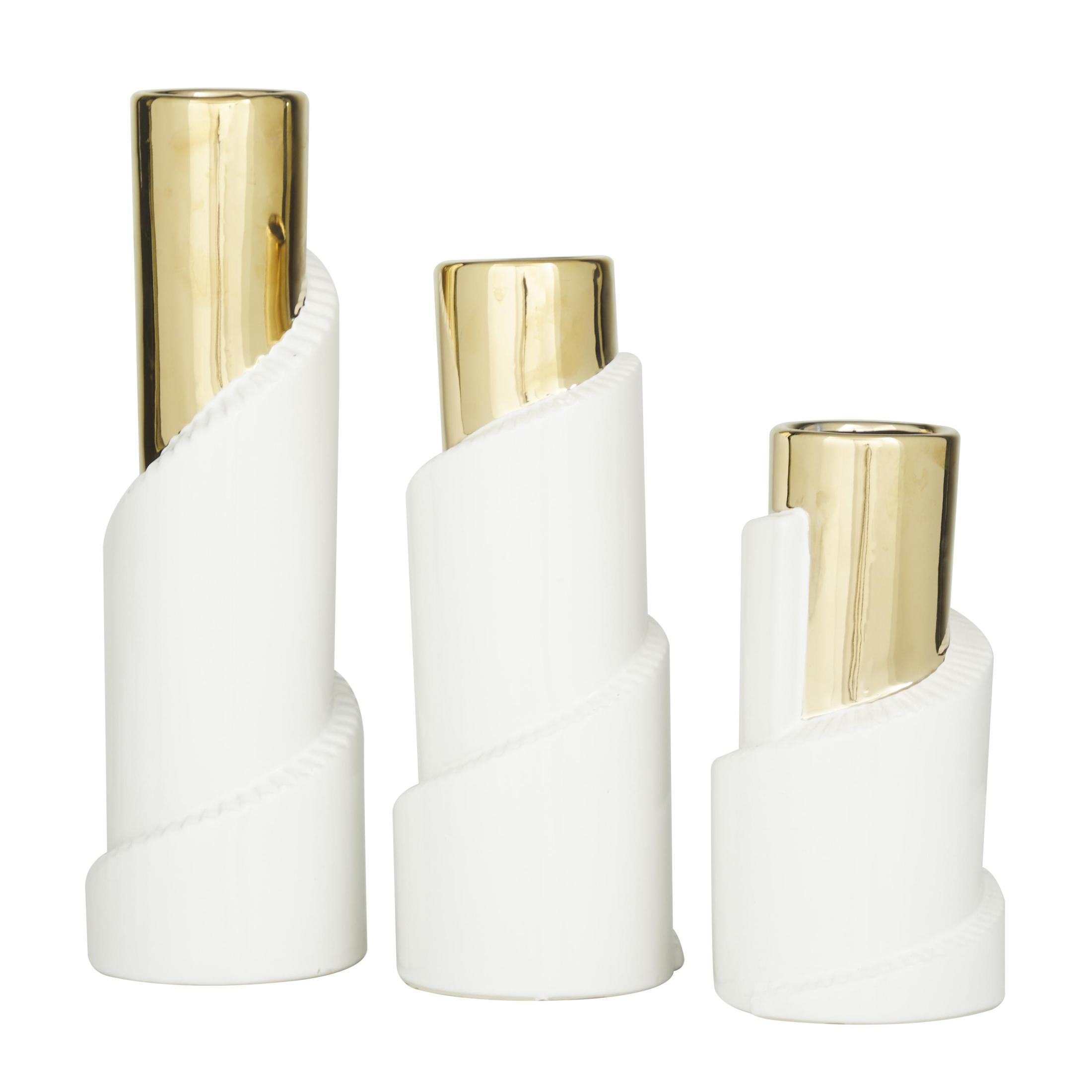 DecMode 15", 12", 9"H Spiral Gold Ceramic Vase with Gold Accents, Set of 3