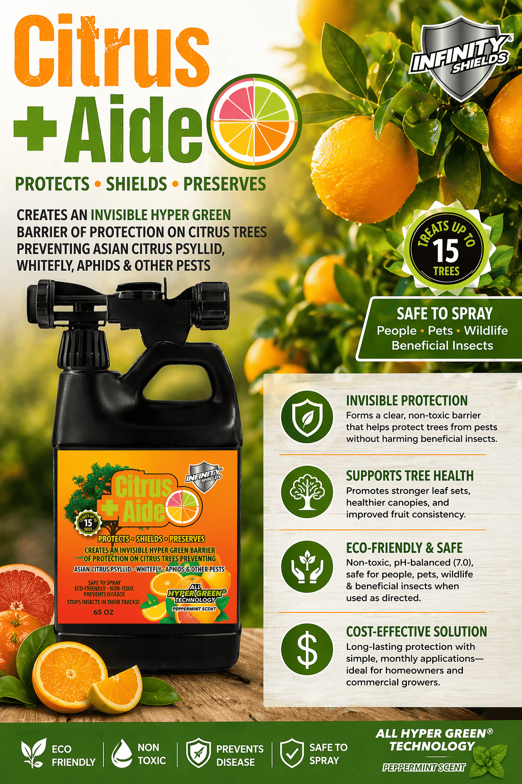 Infinity Shields Citrus+Aide, Citrus Tree Anti-Greening Support Spray, Liquid Fertilizer, 65 oz, Hose-End Rinse Concentrate, Peppermint Scent