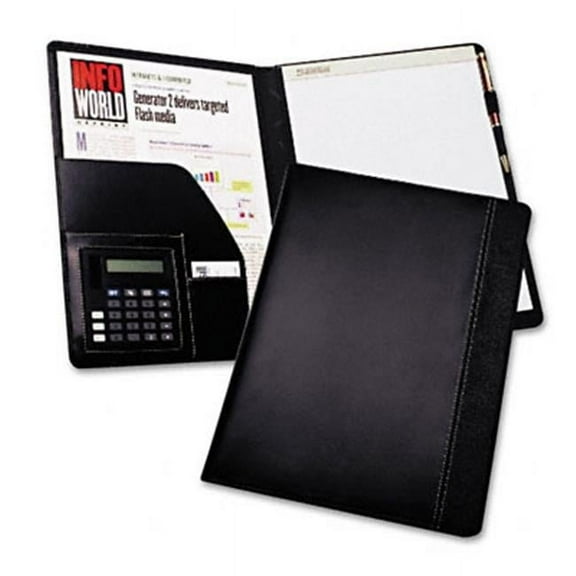 Samsill  Pad Holder with Calculator  Leather-Look/Faux Reptile Trim  Storage Pockets  Black