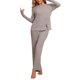 thumbnail image 2 of Conjunto de pijamas INSPIRE CHIC para mujer, con cuello redondo, manga larga, ropa de dormir suave, PJs de descanso con bolsillo, talla XL, color marrón, 2 of 6