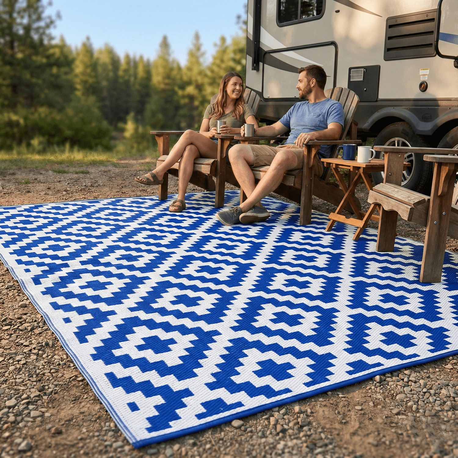 FH Home Outdoor Rug - Waterproof, Fade Resistant, Reversible - Premium Recycled Plastic - Geometric - Large Patio, Deck, Sunroom, RV, Camping - Aztec - Blue & White - 9 x 12 ft Foldable