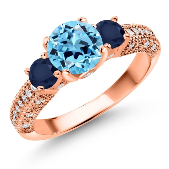 Gem Stone King 18K Rose Gold Plated Silver Swiss Blue Topaz Blue Sapphire and White Moissanite Engagement Ring for Women (2.43 Cttw, Gemstone November Birthstone, Round 7MM and 4MM, Size 9)