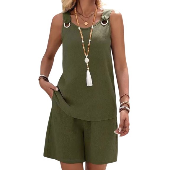 Women's Round Neck O-Ring Sleeveless Tank Top and Shorts 2 Piece Outfit Set Green S