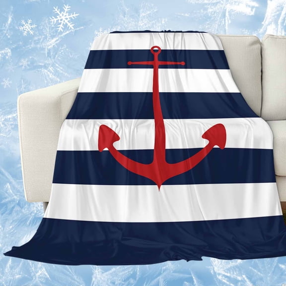 Navy Blue Striped Cooling Blanket,Lightweight Breathable Summer Throw Blanket with Double Sided Cold Effect,Red Beach Nautical Anchor Ocean Coastal Picnic Blankets Bed Sheet for Hot Sleepers 50"x60"