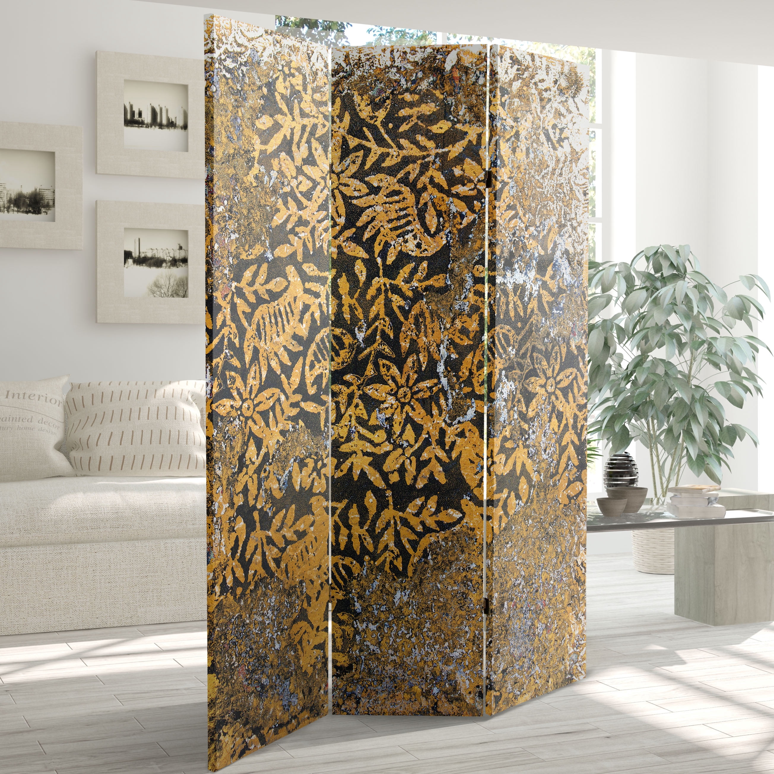 Red Lantern 6 ft. Tall Flowering Gold Canvas Room Divider - 3 Panel, Freestanding, Foldable Screen