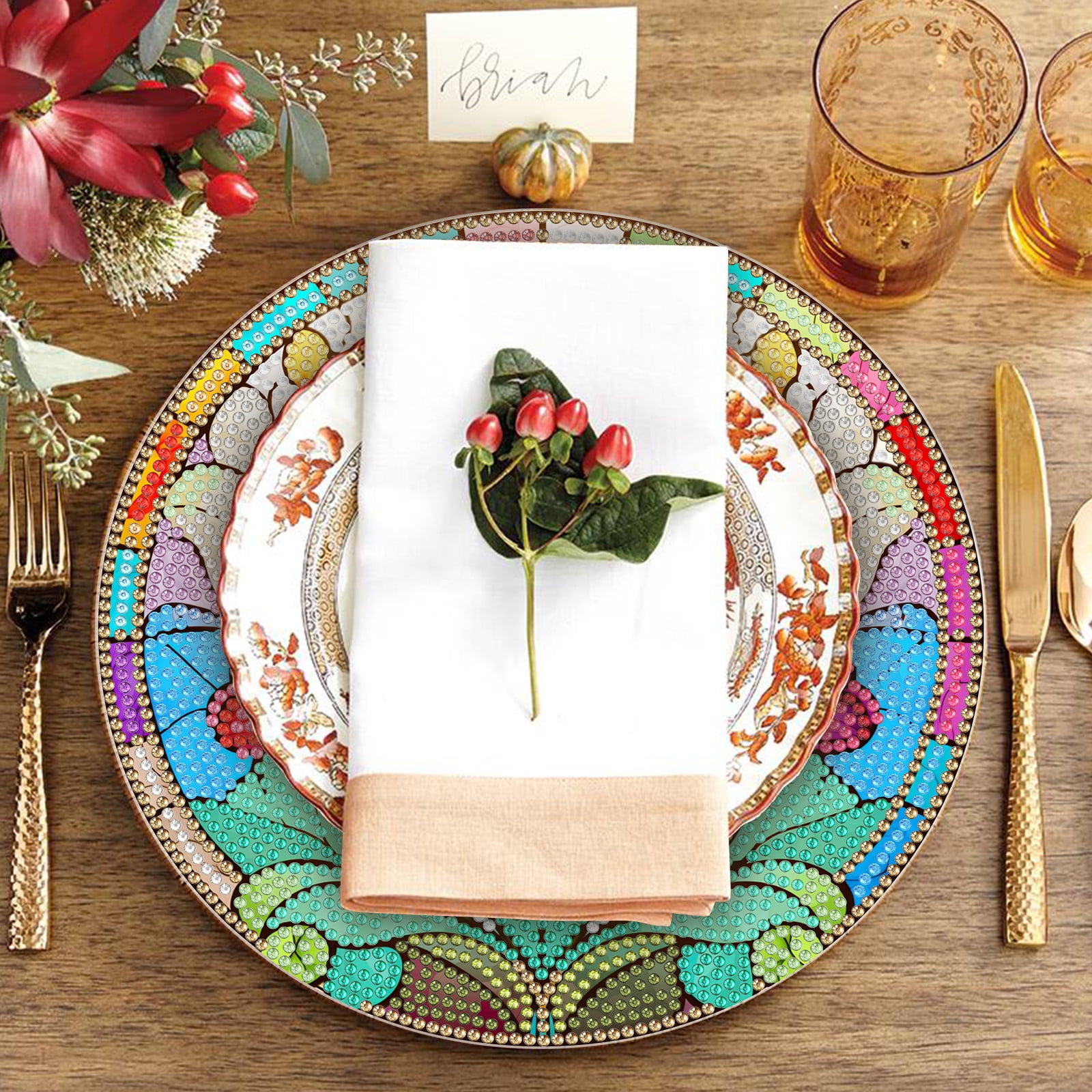 FLOPESN 4 Pcs Diamond Art Painting Coasters,Acrylic Single-Sided Dotted Diamond Dinner Plate Set for Restaurant Decoration-Flowers