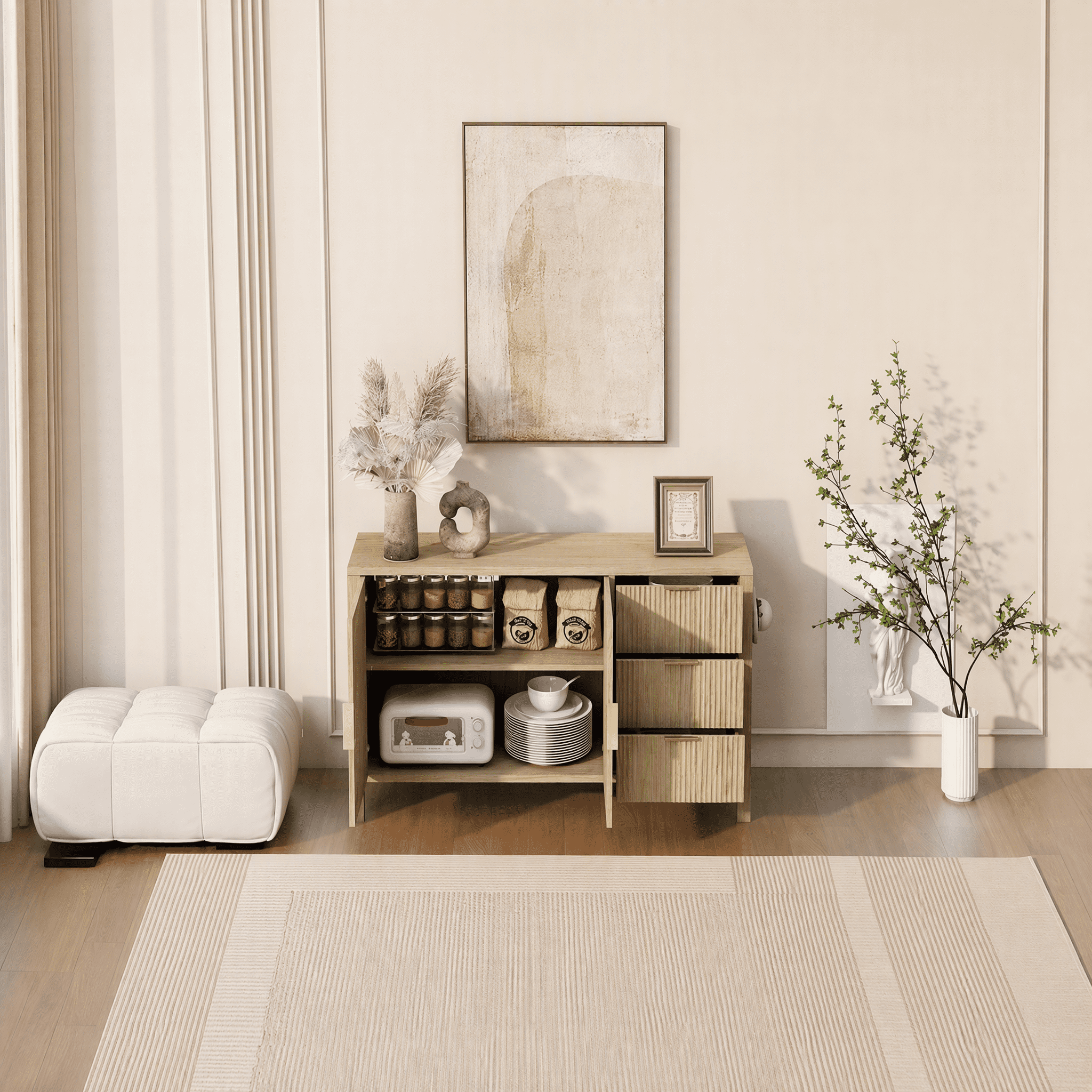 Sideboard with 3 Drawers, Large Storage Buffet Cabinet with Hooks and Extra Center Leg, Suitable for Living Room, Entryway, Hallway