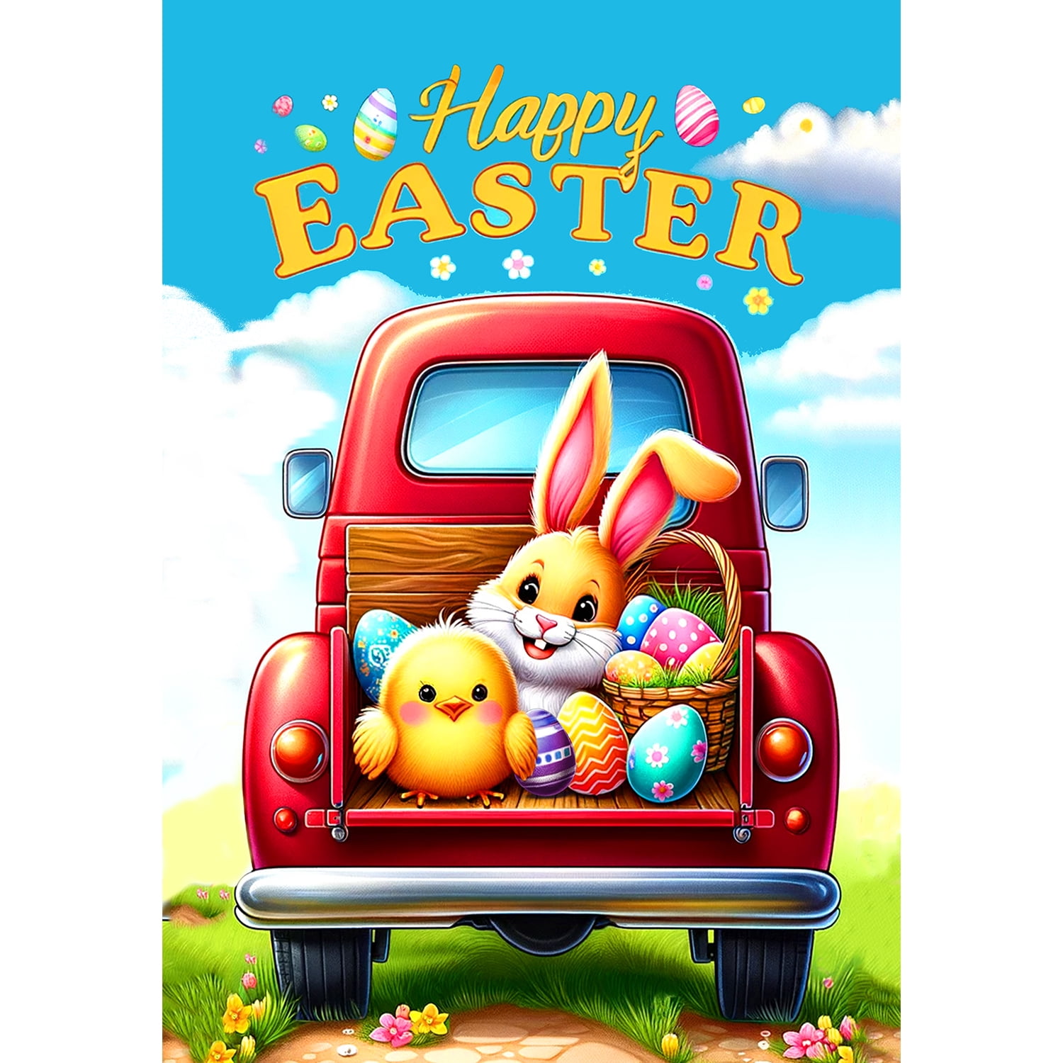 America Forever Happy Easter Truck House Flag 28 x 40 inch Double Sided Spring Rabbit Bunny Egg Chick Farmhouse Holiday Small Seasonal Flags for Outdoor Yard Lawn Decoration