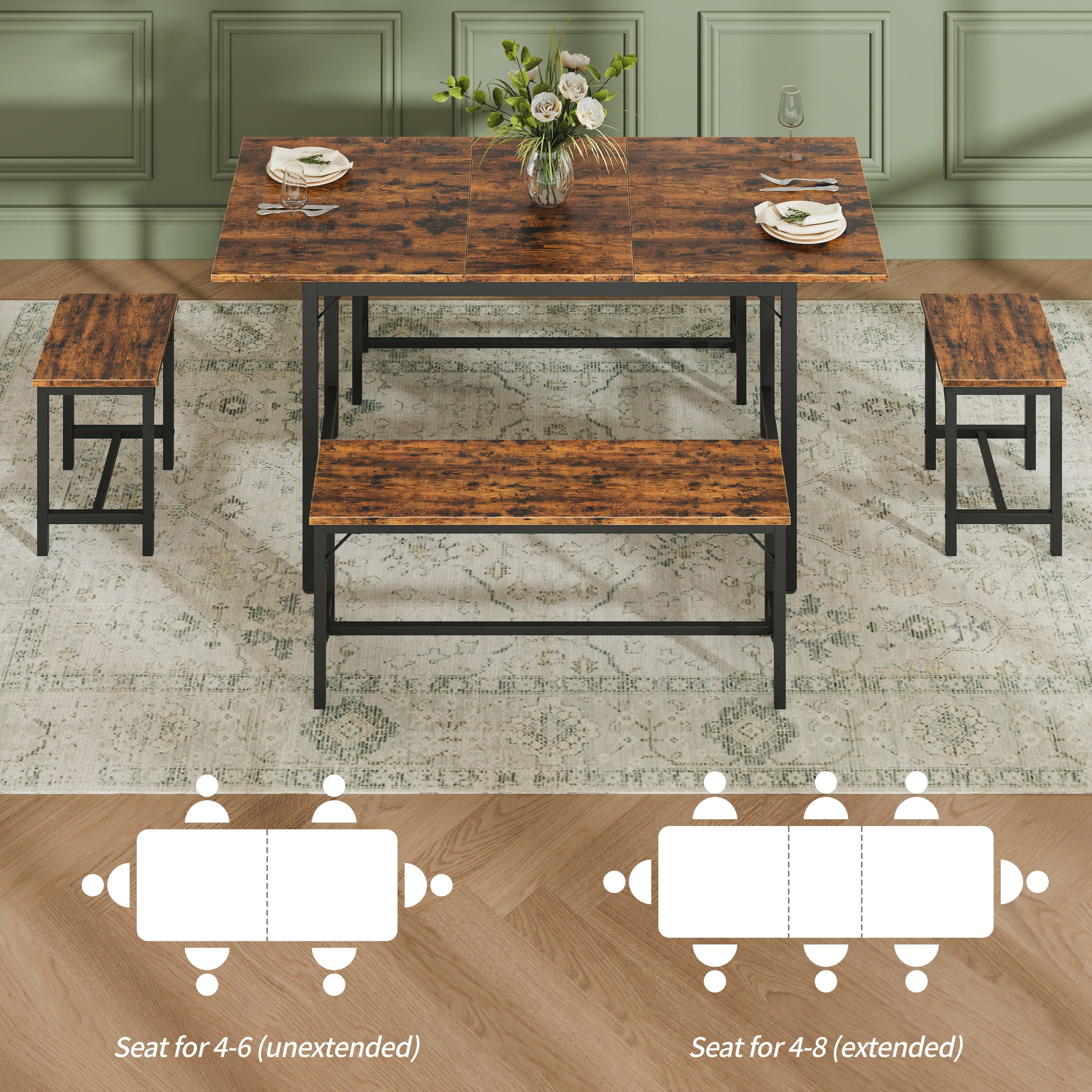 Aukfa 63" Extendable Dining Table Set for 4-8, 3-Piece Kitchen Table Set with 2 Benches & 2 Stools, Space Saving Wood Table & Metal Frame,Brown
