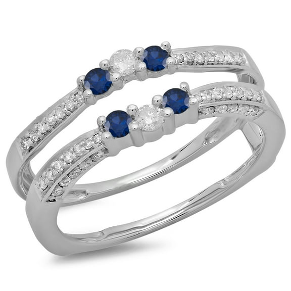 Dazzlingrock Collection 14K Round Blue Sapphire & White Diamond Ladies Wedding Band Enhancer Guard Ring, White Gold, Size 4