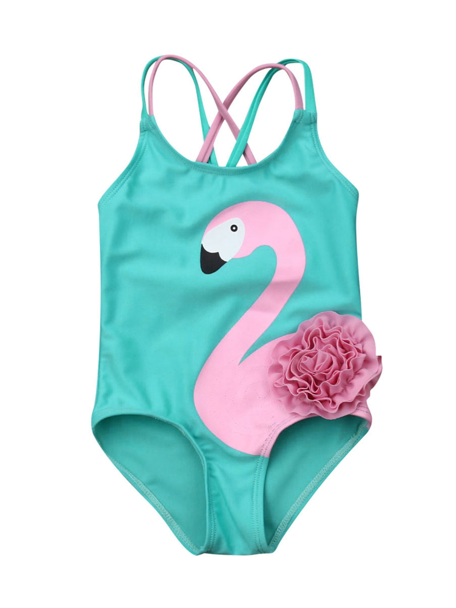 Carolilly Baby Girls One Piece Bathing Suit Flamingo Print Blue Striped Swimwear with Flying Shoulder and Fringes Multicolor from 12months-7years Children