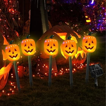 SDJMa 10 Pcs Halloween Pumpkin Pathway Markers Lights Solar Powered Pathway String Lights Light up Jack O Lantern Pumpkin Garden Stakes for Yard Lawn Tree Patio Walkway Driveway Party Decor