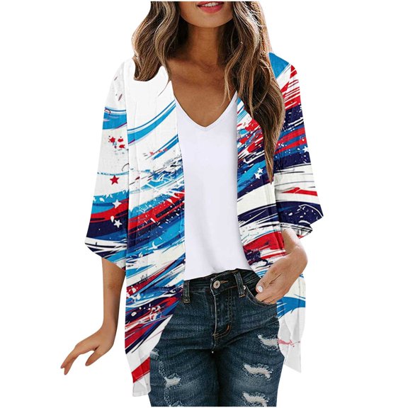 ZQUUVOU July 4Th Shirts Women's Cardigan Printed Long Sleeved Tops (Multicolor,2XL)
