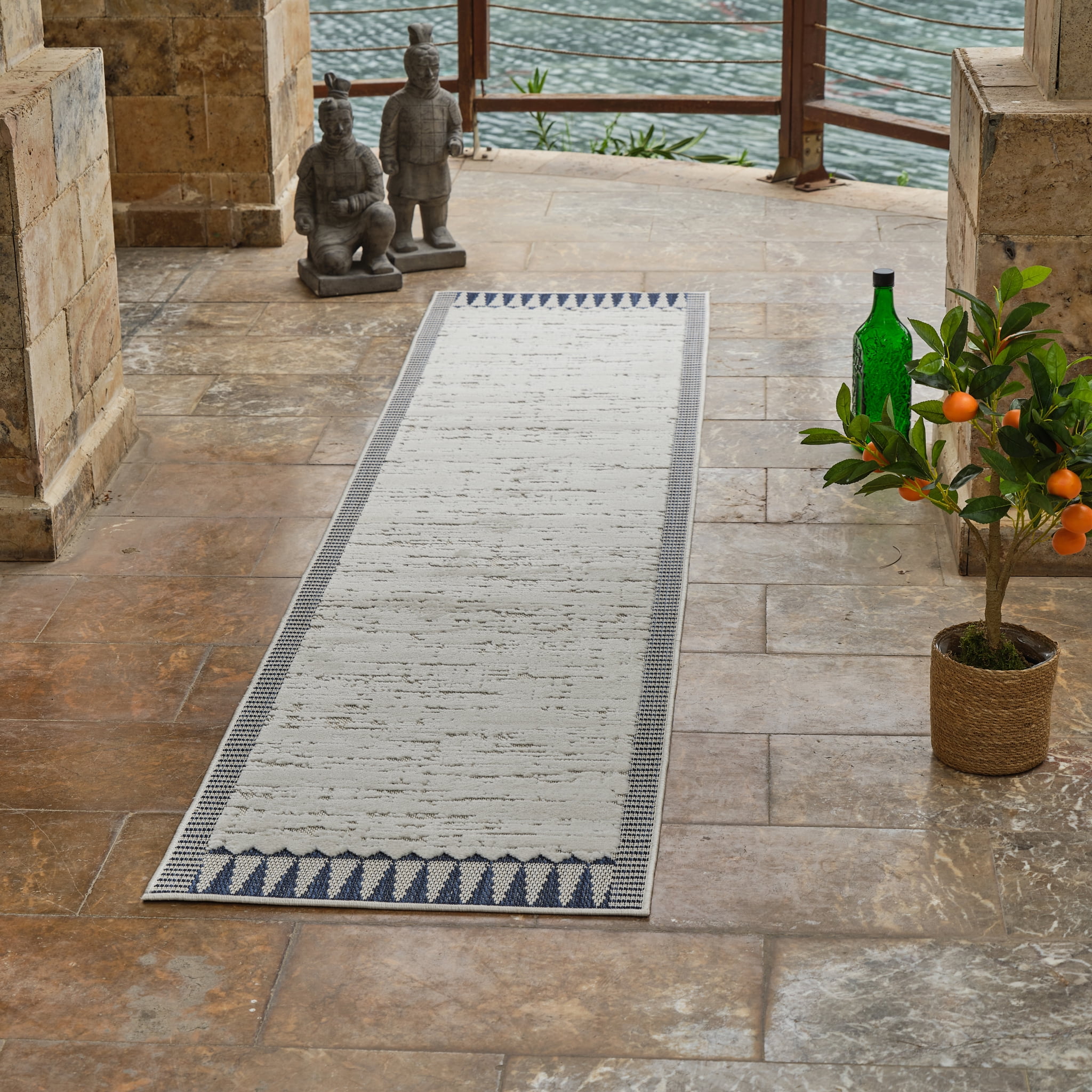 Rug Branch Maise Vintage Indoor Outdoor Area Rug, Cream Blue, Floral - Entryway, Hallway, Bathroom, and Kitchen