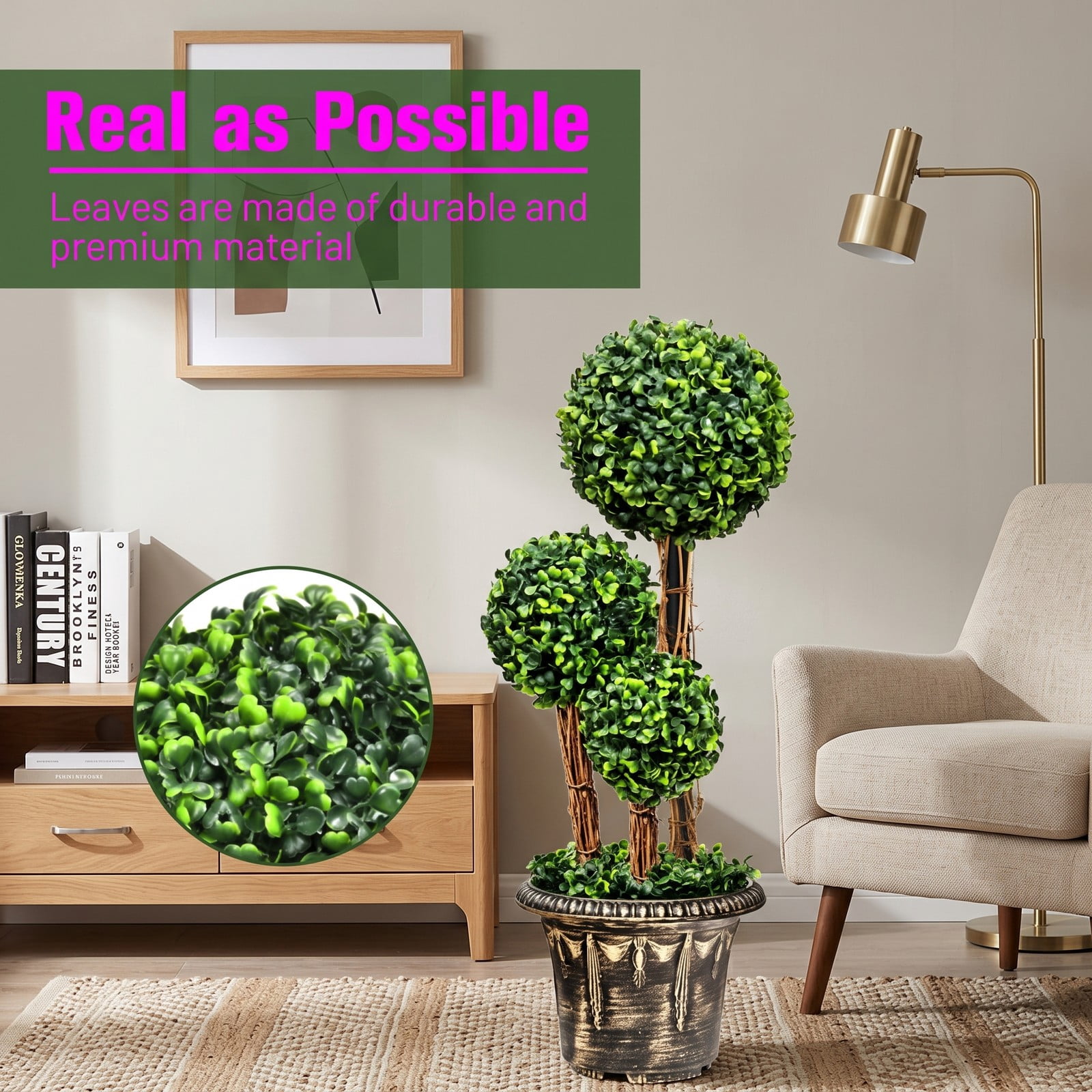 ALPULON 30 Inch Artificial Topiary Triple Ball Tree, Faux Boxwood Potted Plant with Cement Base, UV Protected Indoor Outdoor Decor for Front Porch Entryway Patio, Green
