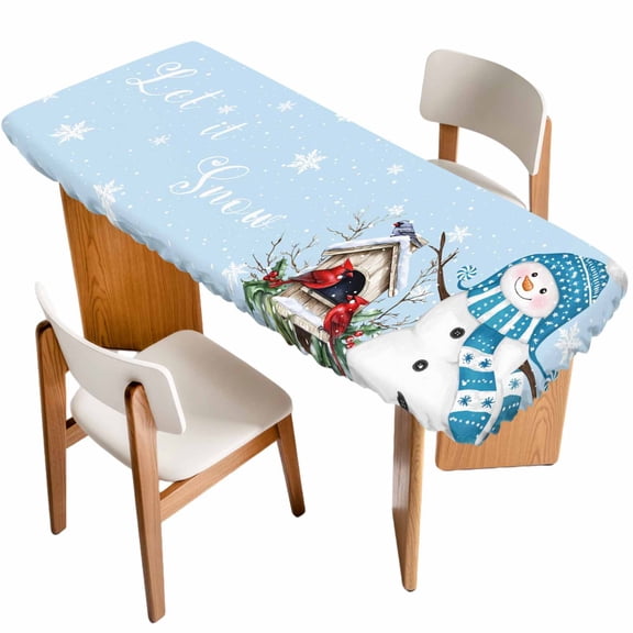 Blue Snowman Christmas Table Cloths for 8 Foot Rectangle Tables, Xmas Snowflake Birds Berry Winter Patio Waterproof Elastic Fitted Tablecloths, Washable Rectangular Table Cover for Camping