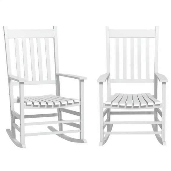 Topcobe Rustic Outdoor Rocking Chairs Set of 2, Comfortable Curved Arms, Tall Backrest, Slatted Wooden Seat, White Rocking Chairs for Patio