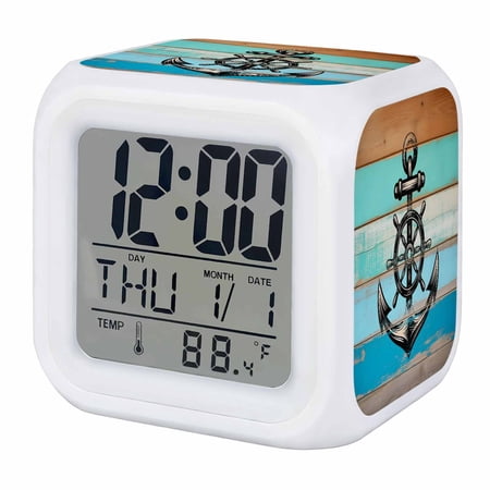 Alarm Clocks Nautical Anchorr Digital Clock 7 Color LED Night Light Silent Non-Ticking Battery Operated Rustic Teal Wood Adventurous Spirit Cube Clocks for Bedroom Bedside Living Room Office School