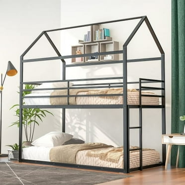 Bunk Beds Twin over Twin,House Bunk Bed Metal Bed Frame Built-in Ladder,No Box Spring Needed, Black