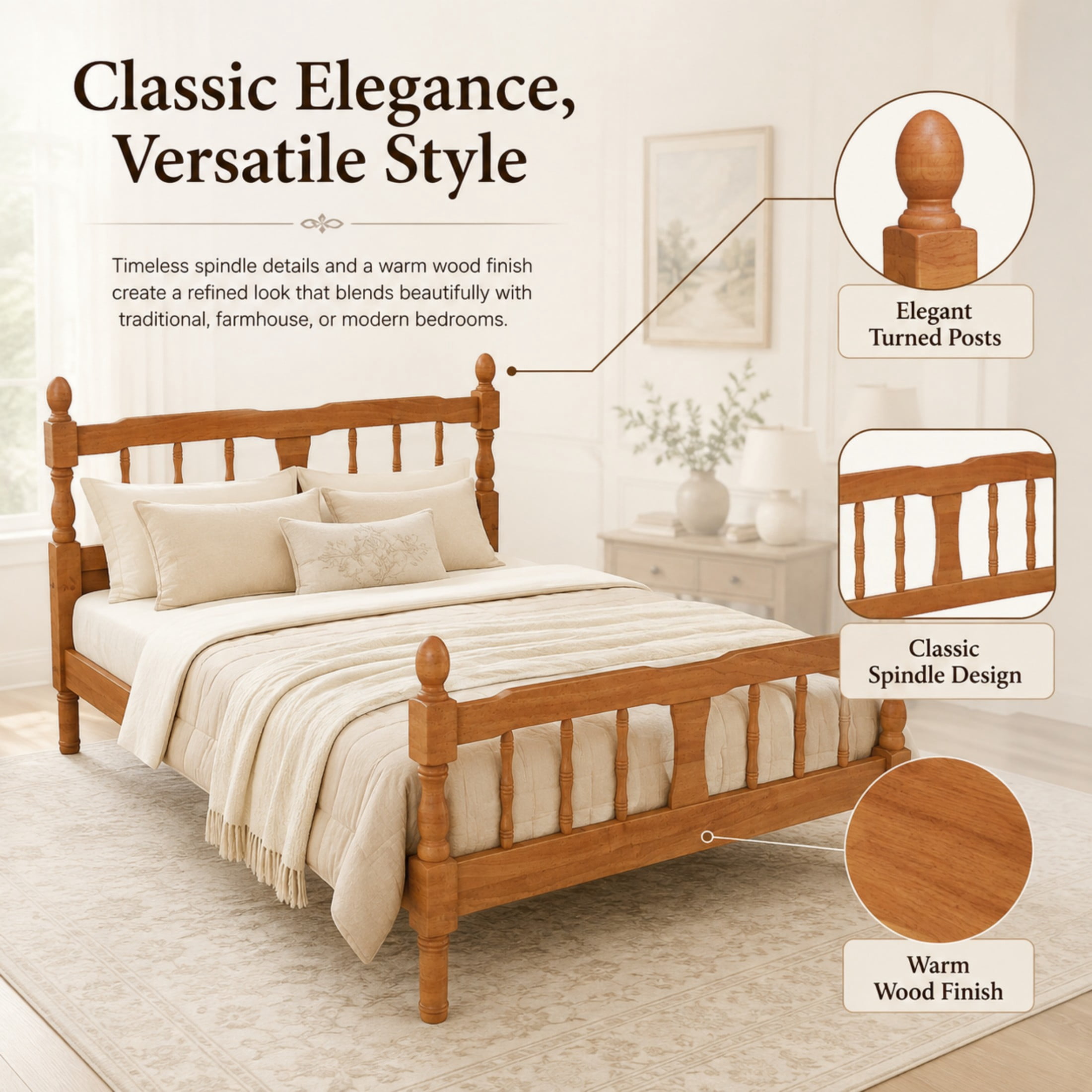 GDF Studio Betty Full Size Wooden Platform Bed Frame with Spindle Headboard, Traditional Farmhouse Style, Walnut
