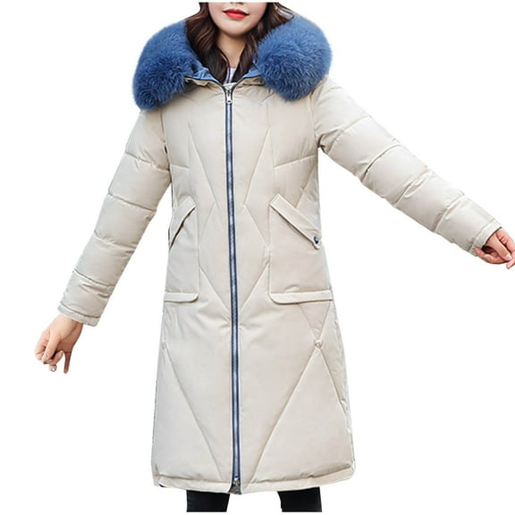 Hvyesh Women Quilted Long Puffer Jacket Faux Fur Hooded Puffer Coat Trendy Zip Up Winter Long Coats Sky Blue L